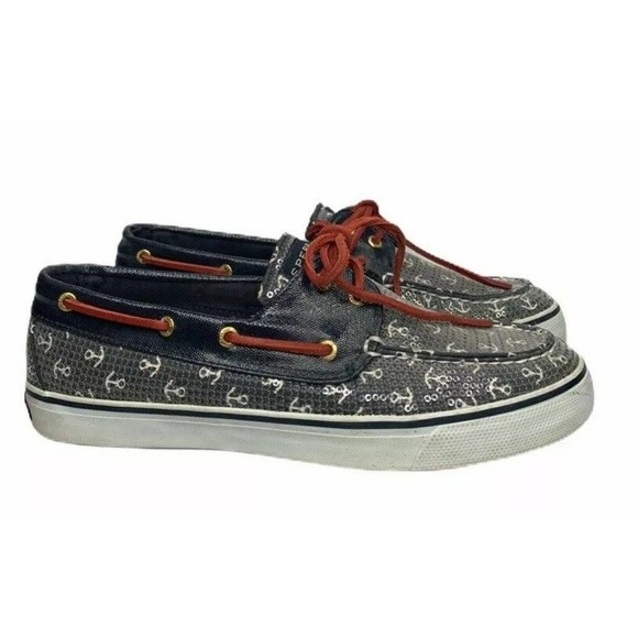 Sperry Shoes - Womens Sperry Top-Sider Boat Shoes Nautical Red White Blue Anchors Sequins Sz 9
